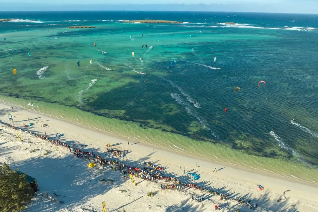 Aerial view of Sakalava Bay turquoise lagoon
